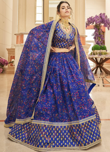 Sequence Work Printed Organza Royal Blue Lehenga Choli